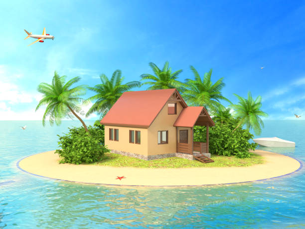 istock Beautiful house on the island. 3d illustration 664761864
