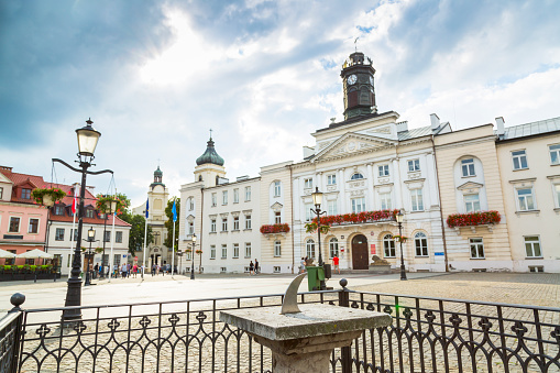 The old market and town hall in city of Plock, Poland
