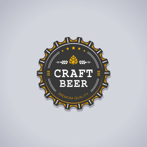 Craft Beer Beer bottle cap shaped badge with CRAFT BEER text  and hop sign vector illustration beer stock illustrations