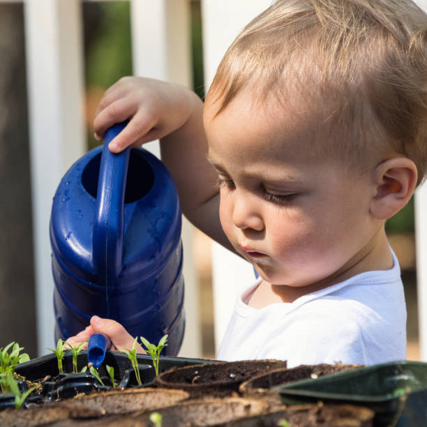 istock Baby boy watering the plants 664767824