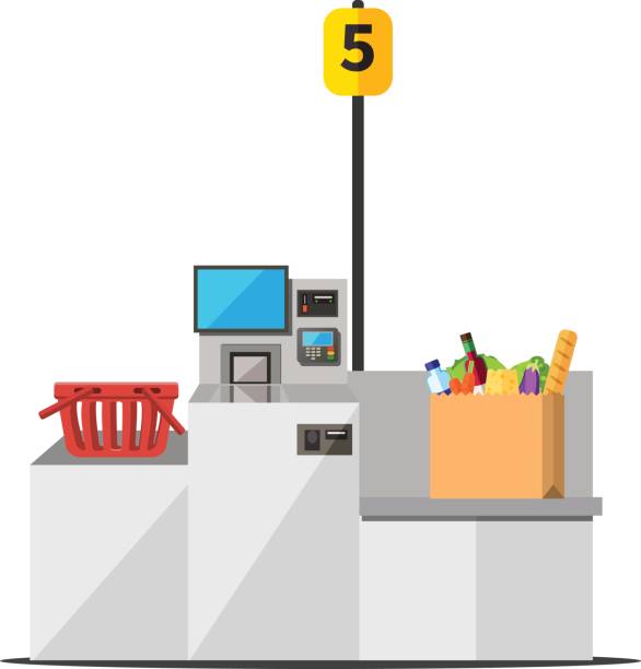 Self checkout with full bag Vector big paper shopping bag full of grocery standing on a grey metal self checkout machine with cash and card payment, and bagging area. Empty red shopping bag is placed on the other side of the register. self checkout stock illustrations