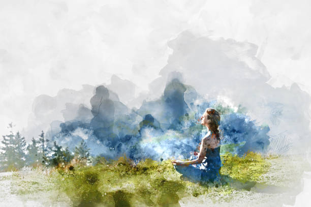 Meditation Young woman practice yoga. Digital watercolor painting watercolor nature stock illustrations