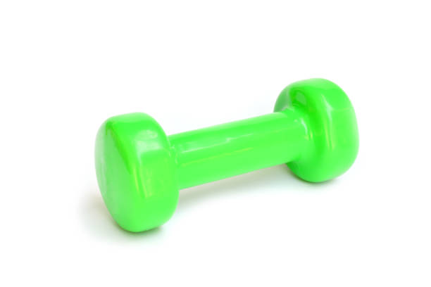istock Green dumbbells Isolated on white background 664768356
