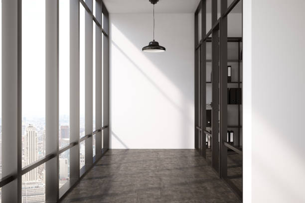istock Empty room with bookshelves and lamp 664770964