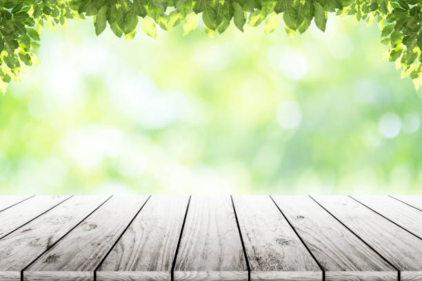 istock Empty wooden table with blurred city park on background. 664775538
