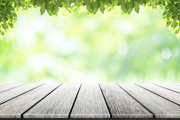 istock Empty wooden table with blurred city park on background. 664775624