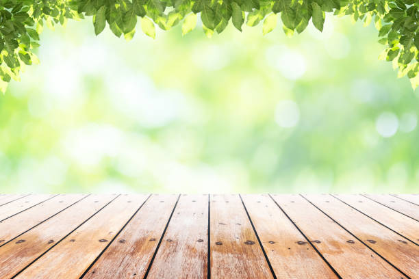 istock Empty wooden table with blurred city park on background. 664775666