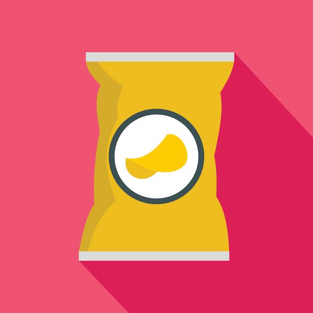 Potato chips bag icon, flat style Potato chips bag icon in flat style on a pink background potato chip stock illustrations