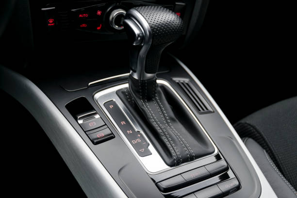 automatic gear stick of a modern car, car interior details stock photo