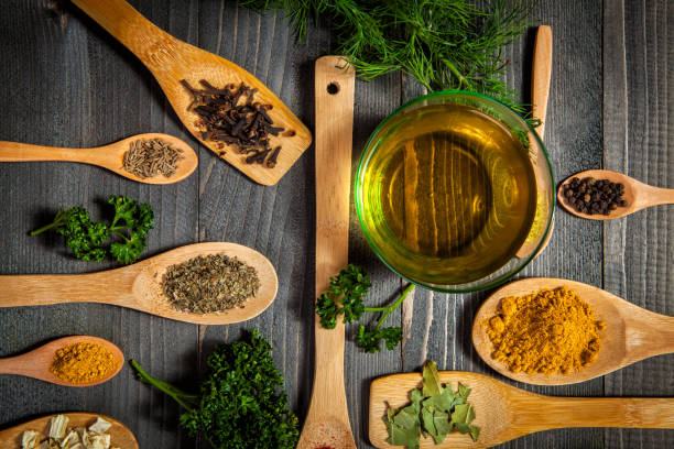 istock Various spice on wooden spoons with herbs 664799506