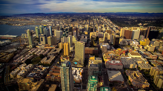 aerial view of San Diego from a drone, skyscrapers in the heart of downtown next to the gaslamp quarter.