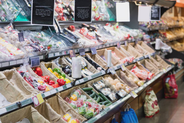 istock Side view of supermarket shelves 664830106