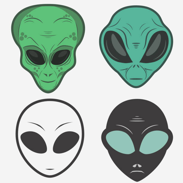 illustrazioni stock, clip art, cartoni animati e icone di tendenza di set di icone facciali aliene, testa umanoide, vettore - alien invasion