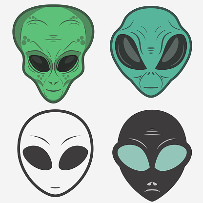 Alien face icon set, humanoid head outline, futuristic space invader, paranormal fantasy emblem vector illustration