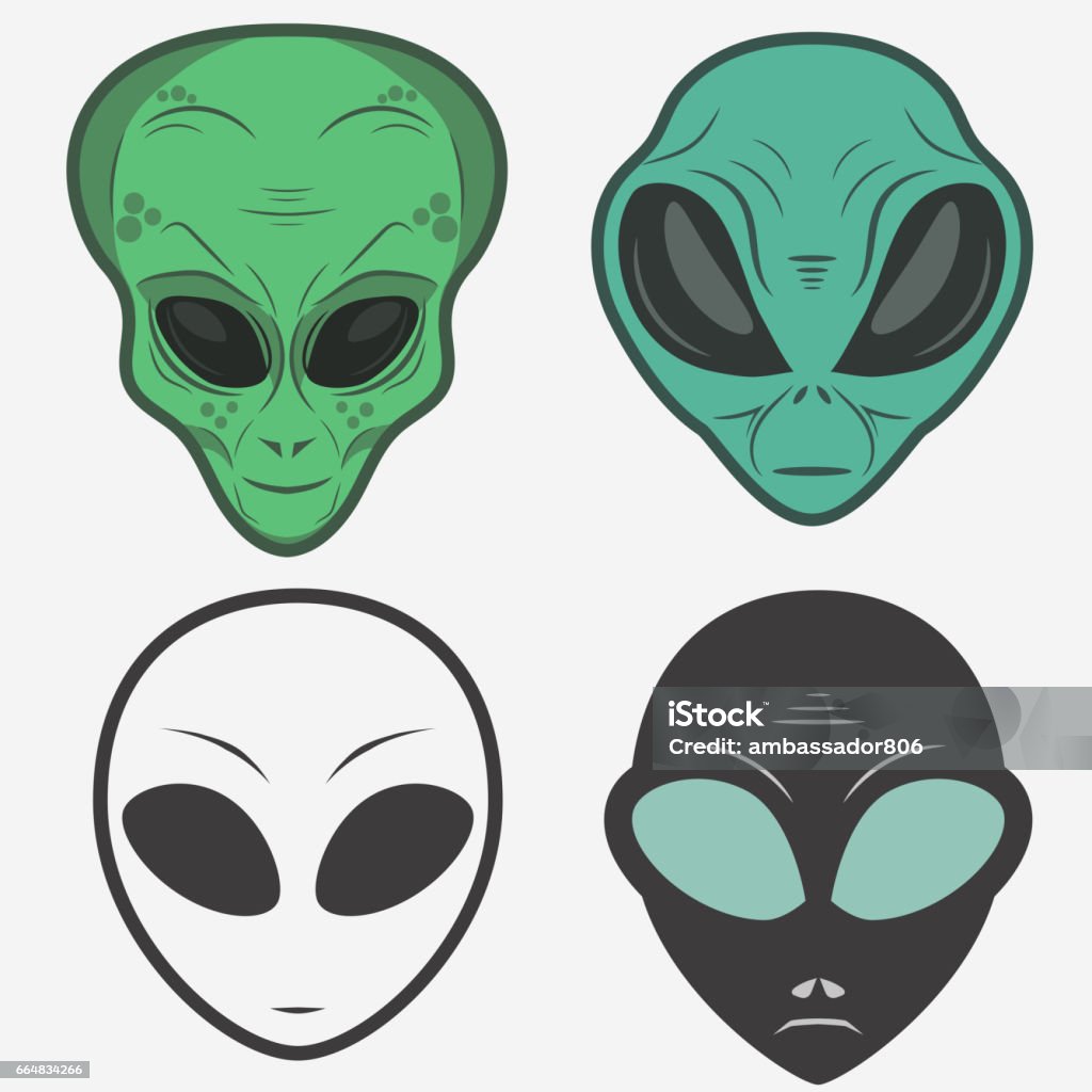 Alien face icon set, humanoid head, vector Alien face icon set, humanoid head outline, futuristic space invader, paranormal fantasy emblem vector illustration Alien stock vector