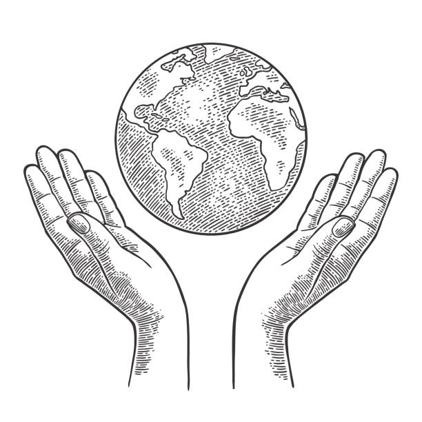 illustrazioni stock, clip art, cartoni animati e icone di tendenza di pianeta terra in palme umane femminili aperte. incisione vintage nera vettoriale - globe human hand earth world map