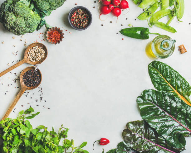 Healthy vegetables, greens and grains, copy space, top view