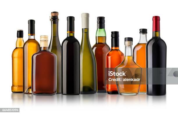 Set Of Wine And Brandy Bottles Stock Photo - Download Image Now - Bottle, Wine, Alcohol - Drink