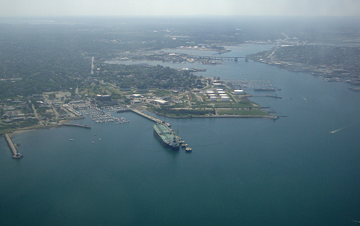 Aerial of oil tanker in port of a major oil refinery in Portland Maine harbor