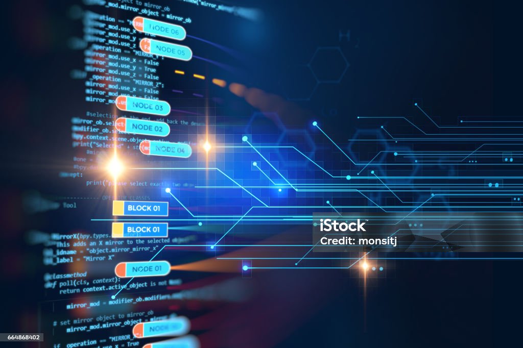 Block chain network concept on technology background Block chain network and programming concept on technology background Block Shape stock illustration