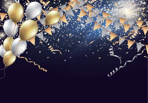 istock Gold and silver party flags with confetti and balloon 664871862