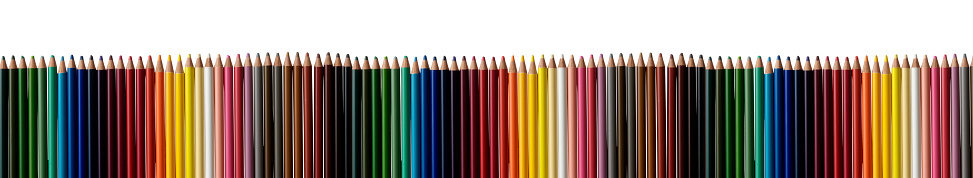 In a row of many multi colored pencils isolated on white.
