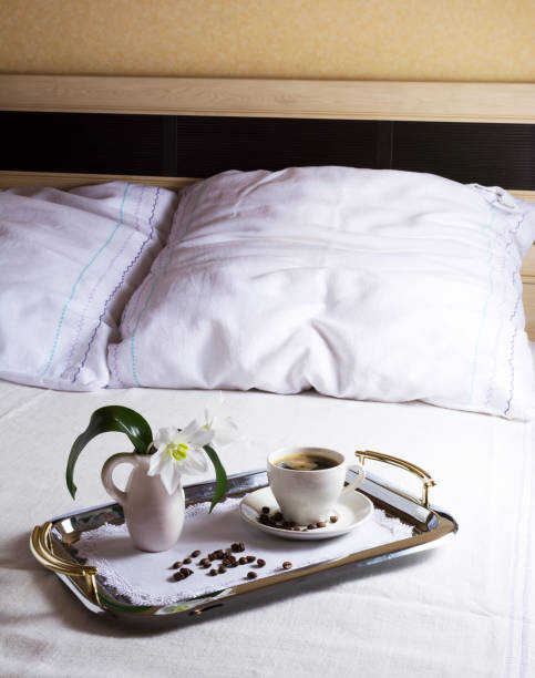 istock Cup of morning coffee on elegant serving tray 664895822