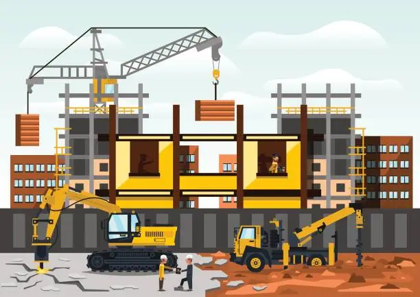 Vector illustration of Vector illustration on the theme of a construction site. Construction of the building on background of the city. Construction crane, excavator drilling asphalt, truck, workers. Flat style