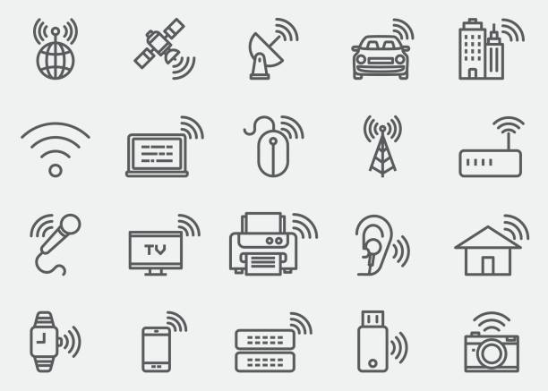 ilustrações, clipart, desenhos animados e ícones de wireless tecnologia wifi linhas ícones | eps 10 - telecommunications equipment