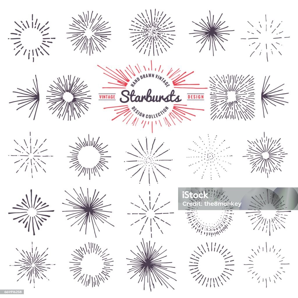 Collection of trendy hand drawn retro sunburst. Bursting rays design elements Collection of trendy hand drawn retro sunburst. Bursting rays design elements. Lens Flare stock vector