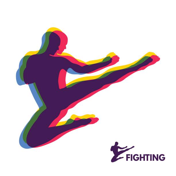 ilustrações de stock, clip art, desenhos animados e ícones de karate jump kick. fighter. human body. sport symbol. design element. - karate kickboxing martial arts silhouette