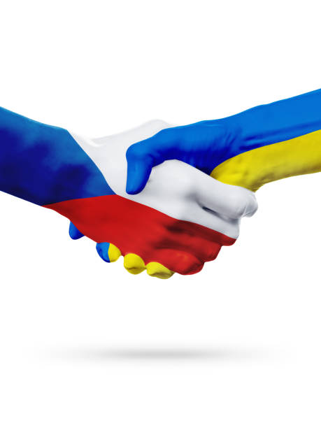istock Flags Czech Republic, Ukraine countries, partnership friendship handshake concept. 664928632