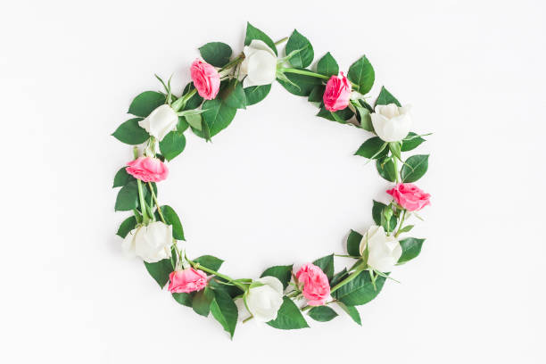 istock Frame made of fresh rose flowers. Flat lay, top view 664930998
