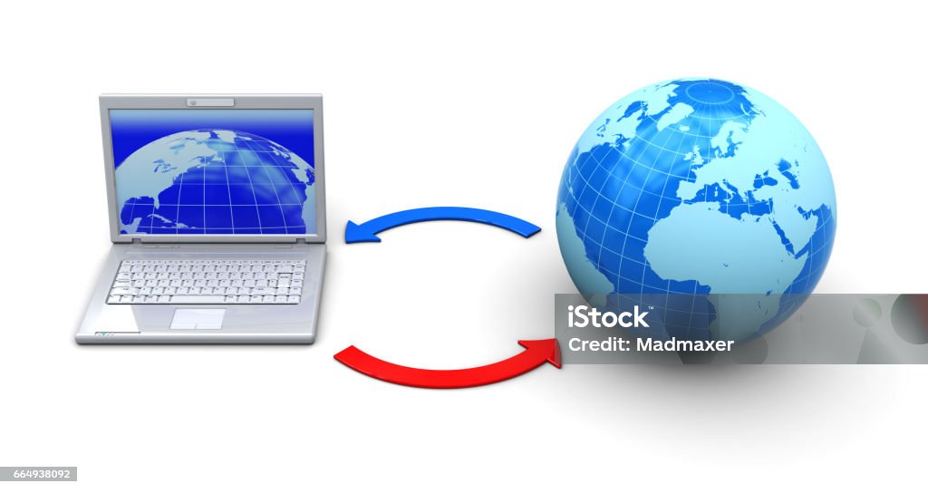 internet 3d illustration of laptop computer and earth globe, internet concept Arrow Symbol Stock Photo