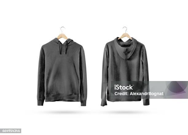 Blank Black Sweatshirt Mockup Set Hanging On Wooden Hanger Stock Photo - Download Image Now