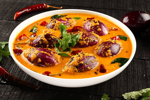 Homemade eggplat or brinjal curry dish from Indian  cuisine.