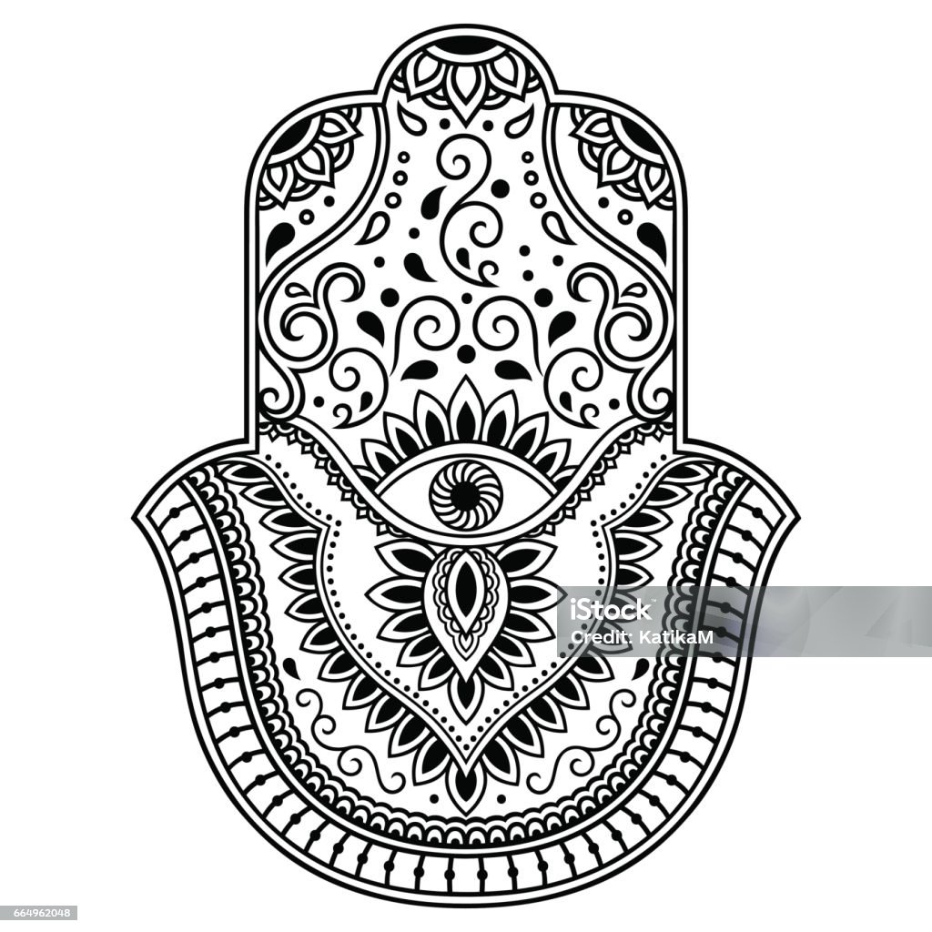Vector hamsa hand drawn symbol. Decorative pattern in oriental style for the interior decoration and drawings with henna. The ancient symbol of the " Hand of Fatima ". Allah stock vector