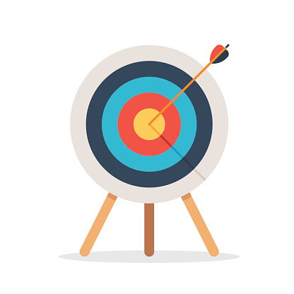 Target with arrow, standing on a tripod. Goal achieve concept. Vector illustration isolated on white background