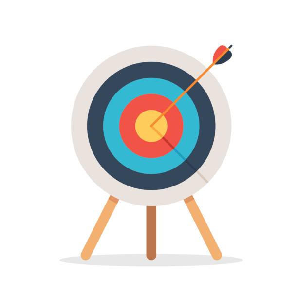 Target with arrow Target with arrow, standing on a tripod. Goal achieve concept. Vector illustration isolated on white background bulls eye stock illustrations