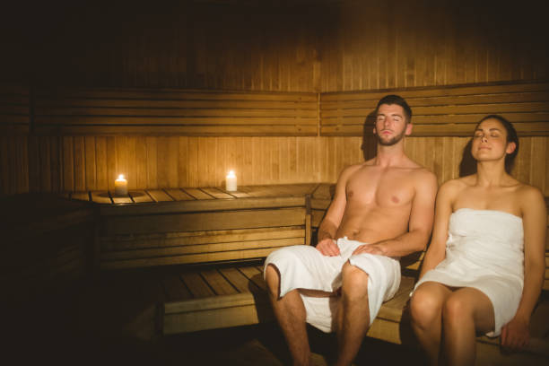 istock Couple together in the sauna 664962928