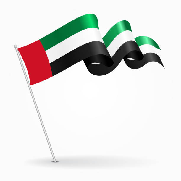 ilustraciones, imágenes clip art, dibujos animados e iconos de stock de emiratos árabes unidos bandera ondulada de pin. ilustración de vector. - united arab emirates flag united arab emirates flag interface icons