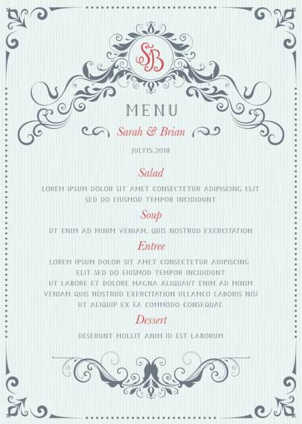 Menu_04 Ornate classic wedding menu design in vintage style on texture background. Vector template. lunch borders stock illustrations