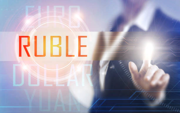 istock Business women touching the Ruble screen 664976786