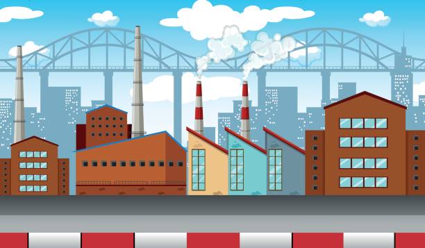 City scene with factories and buildings City scene with factories and buildings illustration warehouse clipart stock illustrations