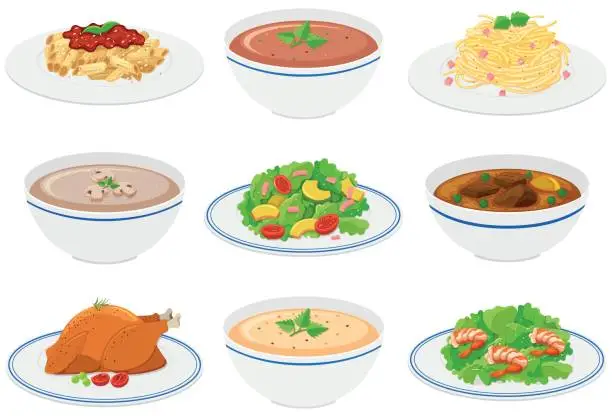 Vector illustration of Different kinds of food on plates and bowls