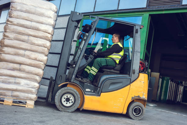 istock Male worker loading pallet with a forklift into a truck. 664987694