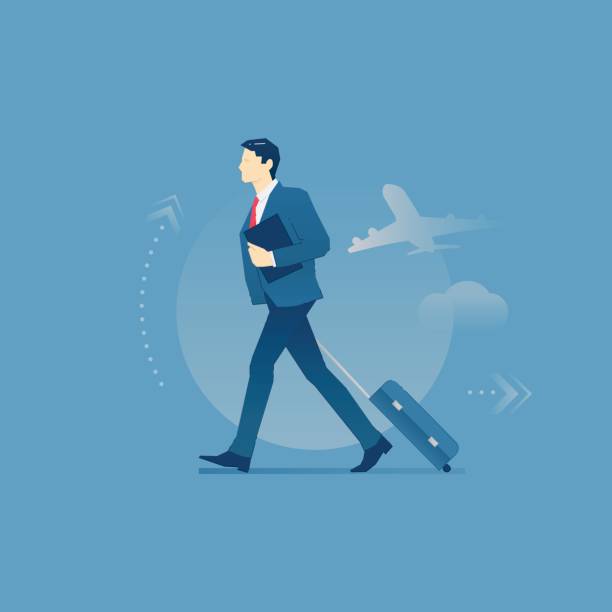 Businessman carrying a luggage in business trip Young businessman carrying his suitcase on wheels in a business trip. Vector illustration of business travel. Isolated on blue background business travel stock illustrations