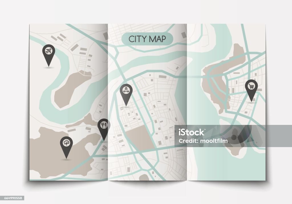 Open paper city map Vector flat paper city map lying open, top view, flat style, brochure template City Map stock vector