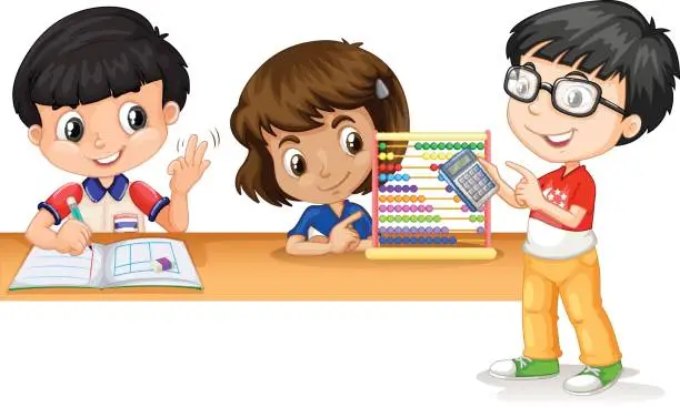 Vector illustration of Three kids using gadgets to calculate math