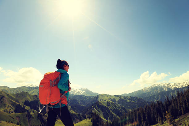 istock young woman backpacker hiking on forest mountain peak 664991012